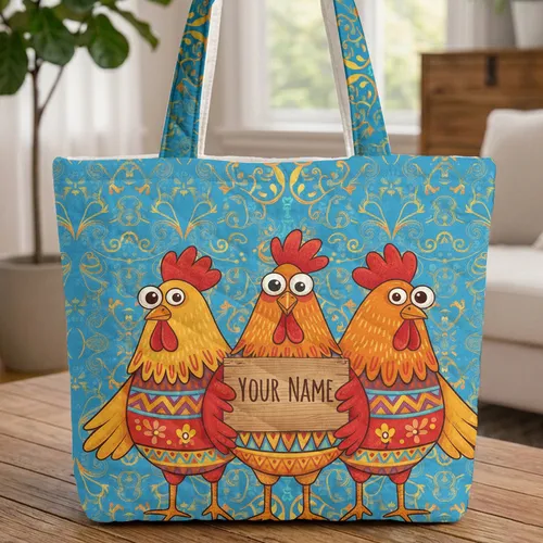 Googly Eye Chickens Red Comb Name Sign Farmhouse Decor - Chicken Lover Gift Quilted Tote Bag