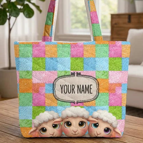 Personalized Storybook Sheep Heads Hoop Patchwork - Craft Lover Gift Quilted Tote Bag