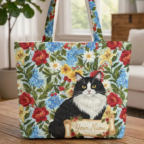 Black and White Cat Floral Garden - Pet Lover Everyday Carryall Gift Quilted Tote Bag