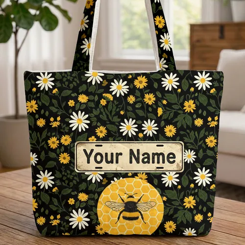 Personalized Bumblebee Daisy Sunflower Honeycomb - Everyday Tote Gift Quilted Tote Bag