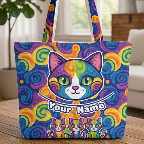 Cat Portrait Swirls Name Bunting String Flag - Cat Lover Everyday Tote Quilted Tote Bag