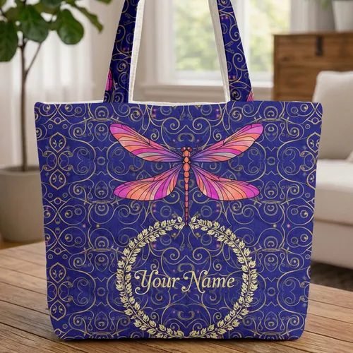Iridescent Dragonfly Floral Wreath Swirls Golden Filigree - Personalized Gift for Nature Lover Quilted Tote Bag