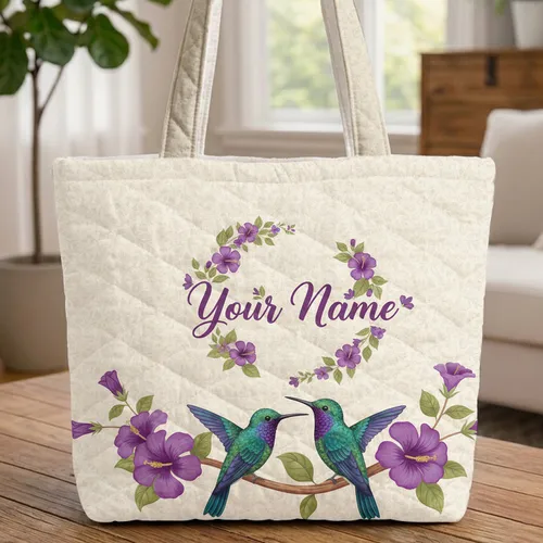 Hummingbird Hibiscus Floral Personalized Name - Bird Lover Gift Quilted Tote Bag