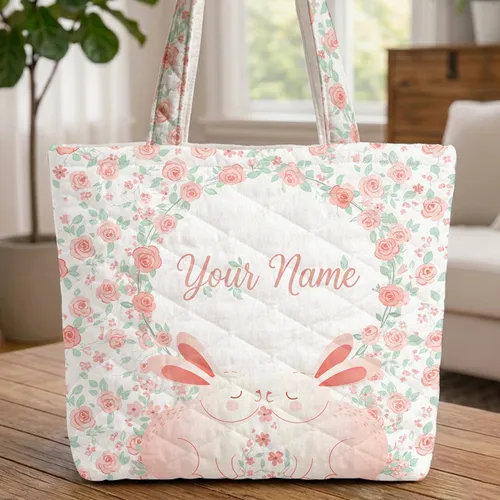 Bunnies Wildflowers Roses 'Your Name' Floral Frame - Wildlife Lover Gift Quilted Tote Bag