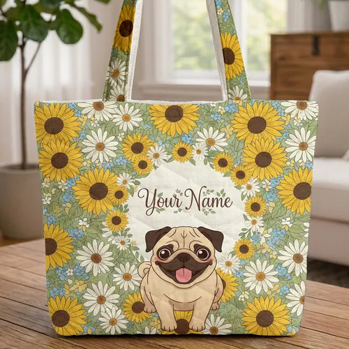 Pug Sunflowers Daisies Floral Wreath Your Name - Everyday Dog Lover Home Decor Gift Quilted Tote Bag