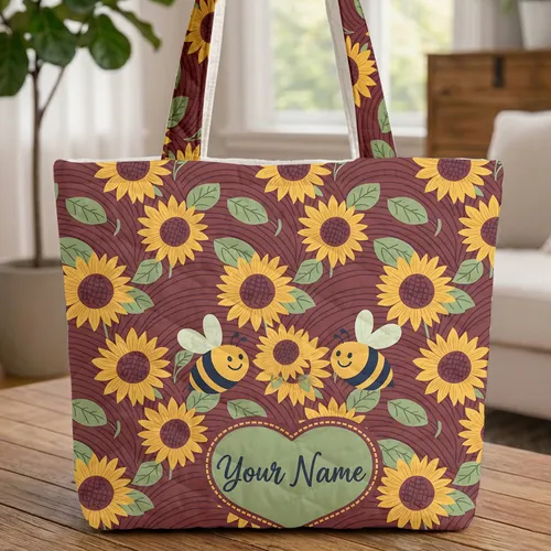 Sunflowers Honey Bees Hills Personalized Name Heart - Everyday Tote Gift Quilted Tote Bag