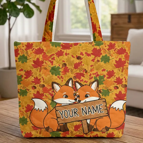 Foxes Nuzzling Autumn Leaves Rustic Wooden Sign - Fall Wildlife Lover Gift for Animal Lover Quilted Tote Bag