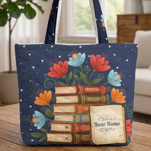Vintage Books Wildflowers Open Book Stars - Book Lover Everyday Tote Gift Quilted Tote Bag