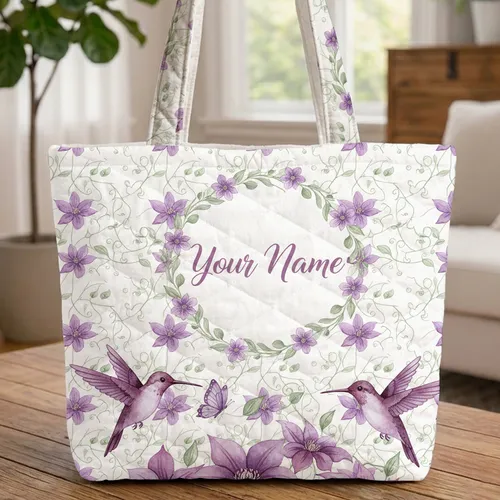 Hummingbird Butterfly Clematis Flowers Your Name Wreath - Nature Lover Gift Quilted Tote Bag