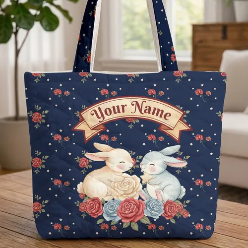 Your Name Two Bunnies Cream Red Blue Roses White Stars Navy - Patriotic Everyday Gift Quilted Tote Bag