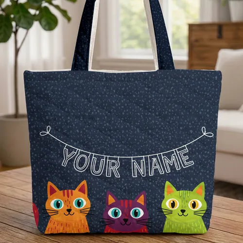 Bold Graphic Cats Personalized Name Bunting - Folk Art Everyday Tote Pet Lover Gift Quilted Tote Bag