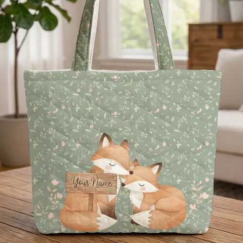 Foxes Nudging Wildflower Your Name - Everyday Wildlife Lover Gift Quilted Tote Bag