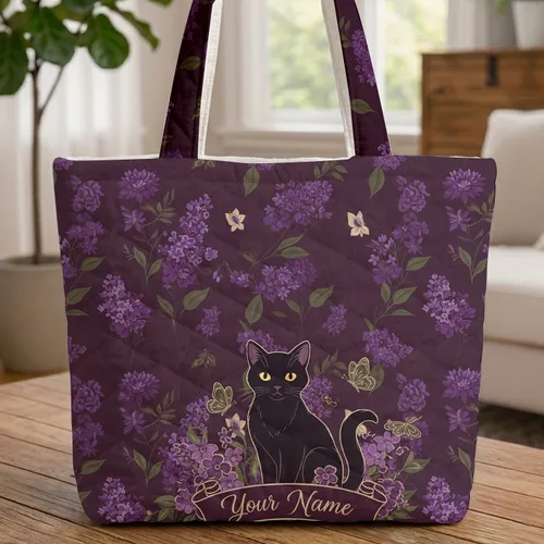 Black Cat Lilac Flowers Butterfly Scroll - Cat Lover Gift Your Name Text Quilted Tote Bag