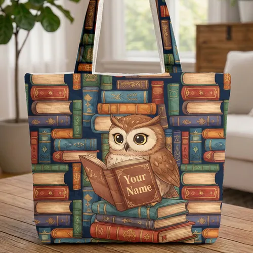 Personalized Wise Owl Reading Open Book on Antique Books - Book Lover Reading Gift Quilted Tote Bag
