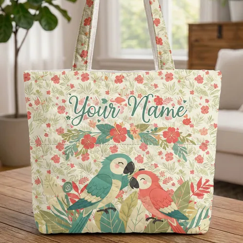 Tropical Parrots Hibiscus Palm Fronds Personalized Your Name - Tropical Lover Gift Quilted Tote Bag