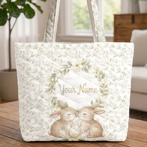 Baby Bunnies Magnolia Bloom Personalized - Wildlife Lover Everyday Gift for Her Quilted Tote Bag