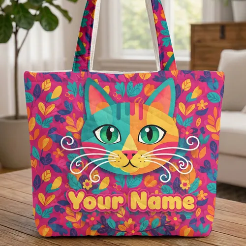 Emerald Eyes Geometric Shapes Cat Floral Wreath - Cat Lover Everyday Tote Quilted Tote Bag