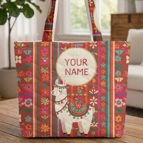 White Llama Floral Saddle Blanket Name Hoop - Llama Lover Gift Quilted Tote Bag