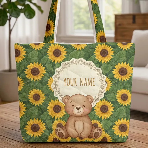 Happy Bear Cub Sunflowers Green Leaves Floral Wreath - Wildlife Lover Everyday Gift Quilted Tote Bag
