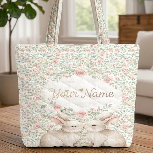 Bunnies Nuzzling Floral Wreath Your Name Vines Roses Blossoms Leaves - Everyday Carryall Gift Quilted Tote Bag