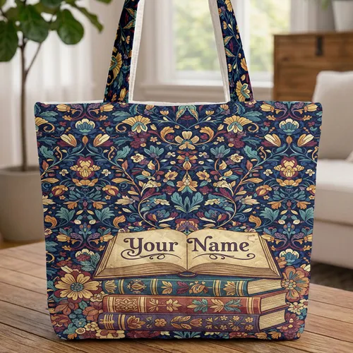 Personalized Ornate Vintage Books Floral Vines - Home Decor Gift for Reader Quilted Tote Bag