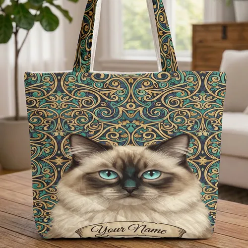 Elegant Ragdoll Cat Scrollwork - Everyday Tote for Cat Lover Quilted Tote Bag