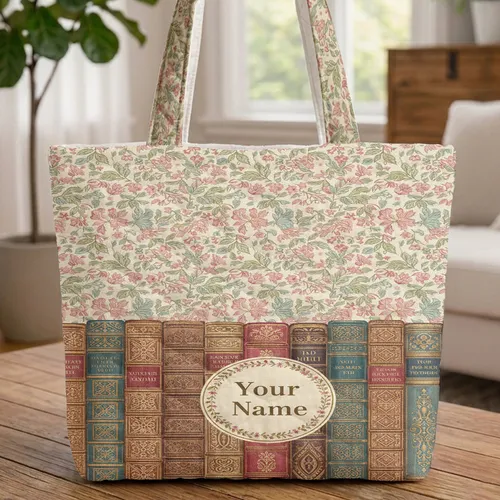 Vintage Chintz Floral Library Books - Personalized Book Lover Gift Quilted Tote Bag