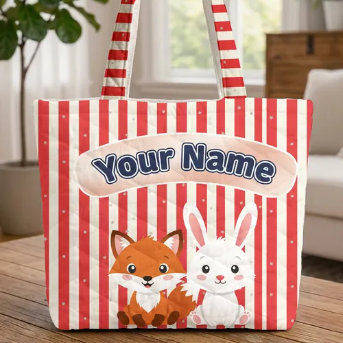 Smiling Fox Bunny Your Name Stars - Everyday Carry Gift for Kids Quilted Tote Bag