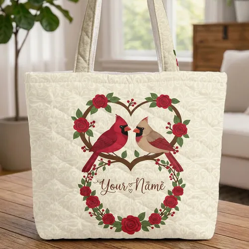 Cardinal Birds Red Roses Personalized Name Floral Wreath - Personalized Gift Quilted Tote Bag