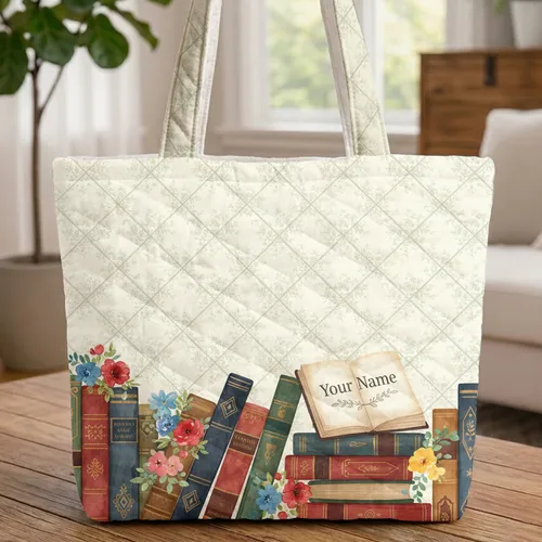 Vintage Bookshelf Flowers Personalized Name - Book Lover Gift Quilted Tote Bag