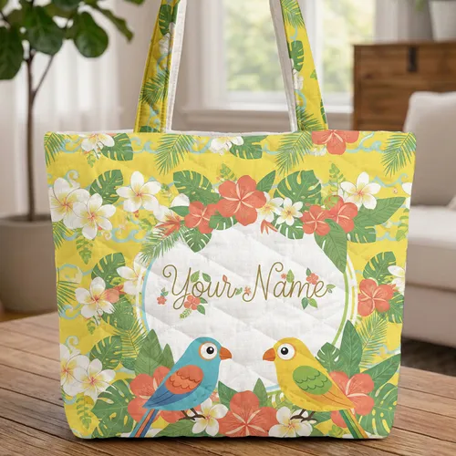 Tropical Birds Plumeria Flowers Wave - Sunny Vacation Everyday Tote Gift Quilted Tote Bag