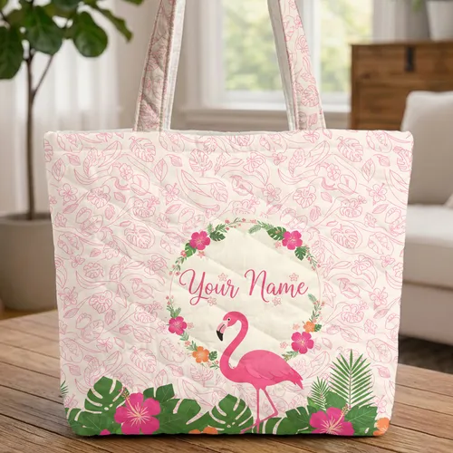 Personalized Pink Flamingo Hibiscus Floral Wreath - Tropical Travel Everyday Gift Quilted Tote Bag