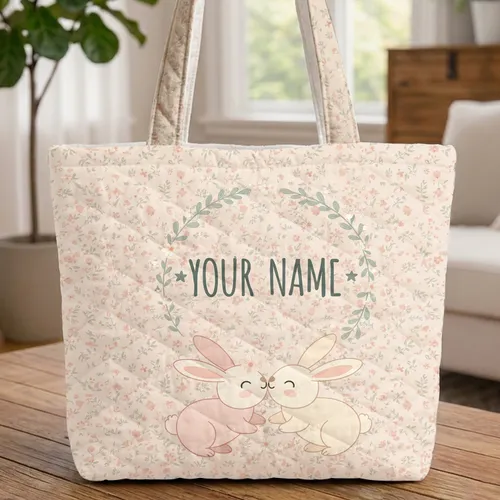 Nuzzling Bunnies Flowers Sage Green Leaves Your Name Wreath Spring Gift for Newborn Nursery Quilted Tote Bag