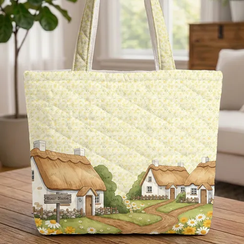 Charming Thatched Cottages Daisy Field Wooden Sign - Farmhouse Home Decor Gift for Housewarming Quilted Tote Bag