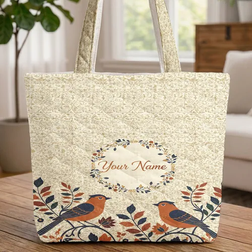 Elegant Birds Botanical Vines Delicate Foliage Floral Wreath - Bird Lover Home Gift Quilted Tote Bag