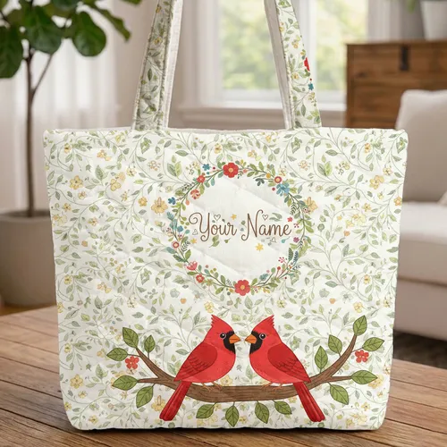Red Cardinal Birds Floral Wreath Name - Nature Lover Everyday Tote Gift Quilted Tote Bag