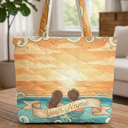Couple Pool Sunset Ocean Name Ribbon - Romantic Gift for Lovers Quilted Tote Bag