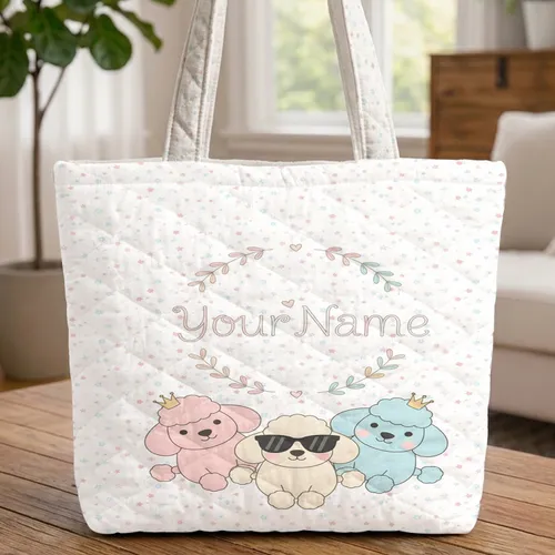 Fluffy Poodle Trio Gold Crown Floral Wreath Your Name - Pet Lover Lifestyle Gift Quilted Tote Bag
