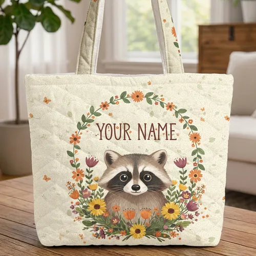 Your Name Raccoon Wildflowers Forest Butterflies Leaf Garland - Wildlife Lover Gift Quilted Tote Bag