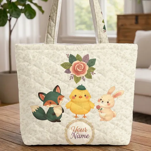 Rose Bloom Green Leaves Personalized Name - Home Decor Floral Gift Quilted Tote Bag