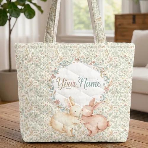 Hugging Nuzzling Bunnies Wildflower Garden Wreath Heart Accents Nature Lover Gift Quilted Tote Bag