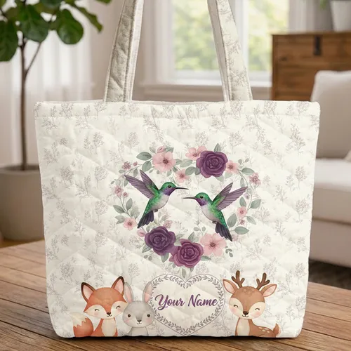 Personalized Name Hummingbirds Heart Roses Lavender - Nature Lover Gift Quilted Tote Bag