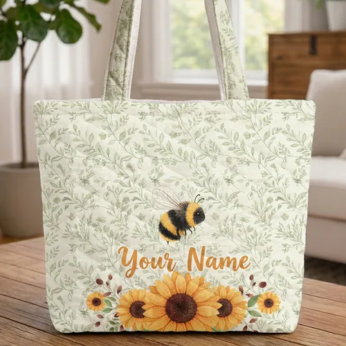 Personalized Bumblebee Sunflower Floral Wreath - Wildlife Lover Gift Quilted Tote Bag