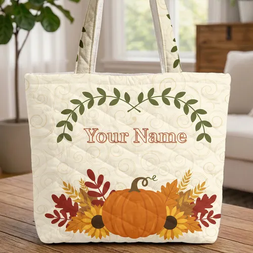 Autumn Pumpkin Fall Foliage Wheat Stalks Sunflower Harvest Gift for Botany Lovers Quilted Tote Bag