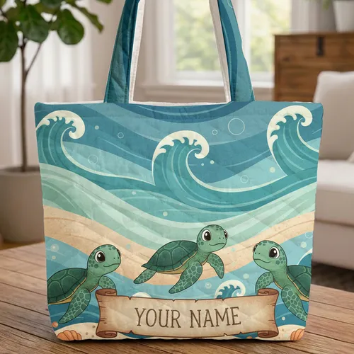 Three Sea Turtles Ocean Waves Seashells Marine Life - Everyday Ocean Lover Gift Quilted Tote Bag