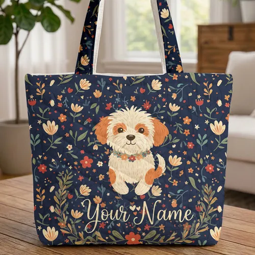 Fluffy Dog Flower Wreath Personalized Name - Botanical Everyday Dog Lover Gift Quilted Tote Bag