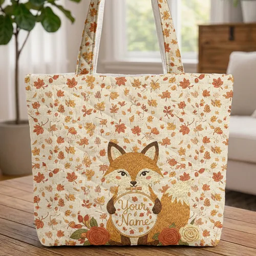 Fox Cursive Name Autumn Leaves Berries Roses Golden Suns - Wildlife Lover Fall Season Everyday Gift Quilted Tote Bag