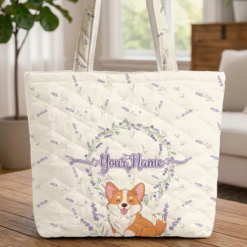 Corgi Puppy Lavender Floral Wreath - Dog Lover Everyday Gift Quilted Tote Bag