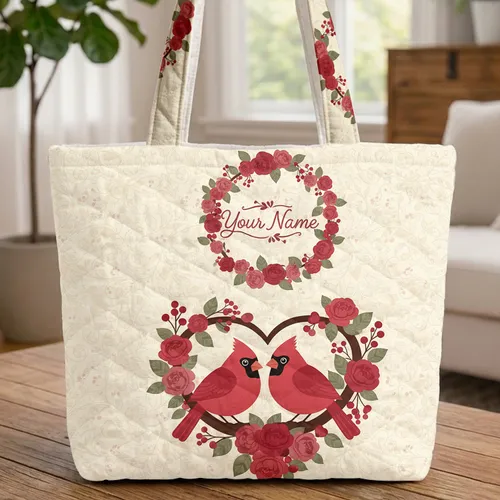 Cardinals Red Roses Berries Heart Branch Floral Wreath - Nature Lovers Everyday Gift Quilted Tote Bag