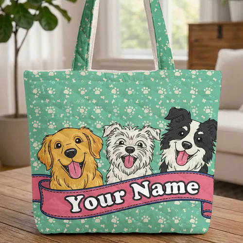 Three Dogs Paw & Bone Prints Flowing Ribbon - Pet Owner Lifestyle Gift Quilted Tote Bag